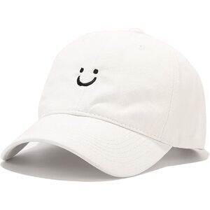 Unisex White 100% Cotton Smile Face Embroidered Adjustable Classic Baseball Cap